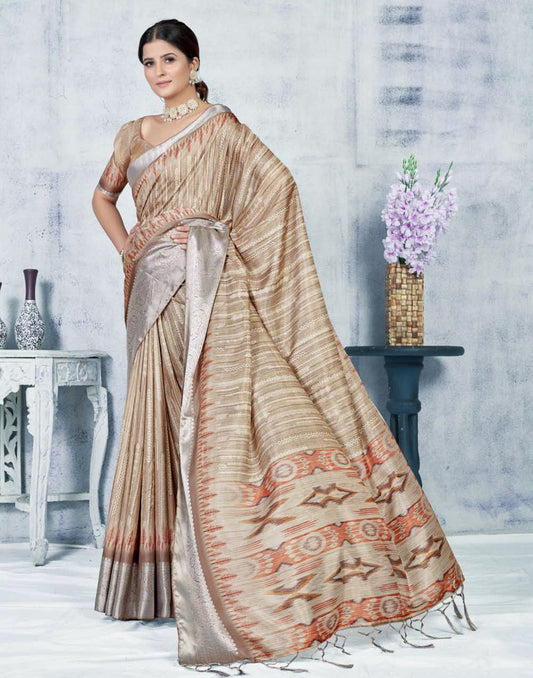 Light Brown Silk Digital Printed Saree With Tassel | Leemboodi