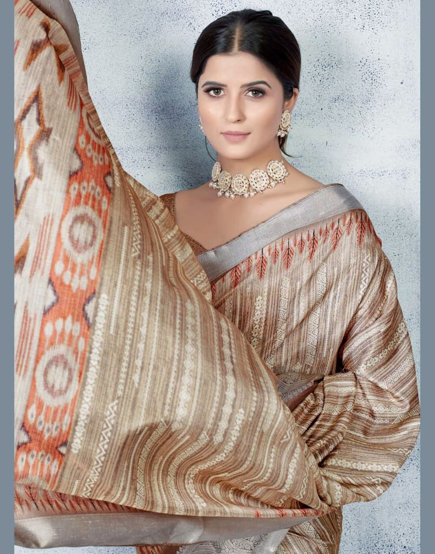 Light Brown Silk Digital Printed Saree With Tassel | Leemboodi