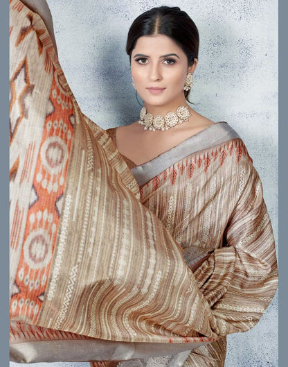 Light Brown Silk Digital Printed Saree With Tassel | Leemboodi