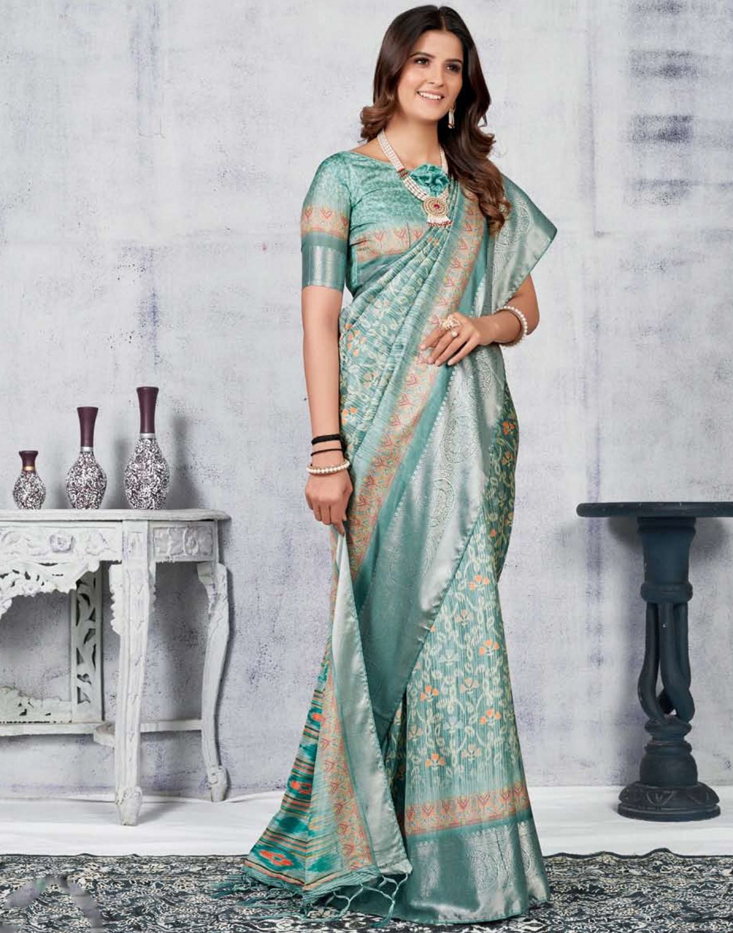 Light Green Silk Digital Printed Saree With Tassel | Leemboodi