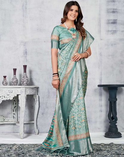 Light Green Silk Digital Printed Saree With Tassel | Leemboodi
