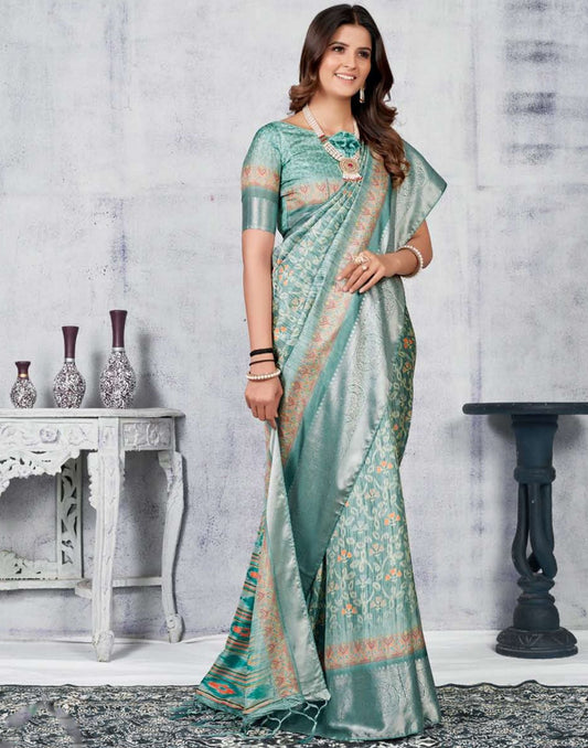 Light Green Silk Digital Printed Saree With Tassel | Leemboodi