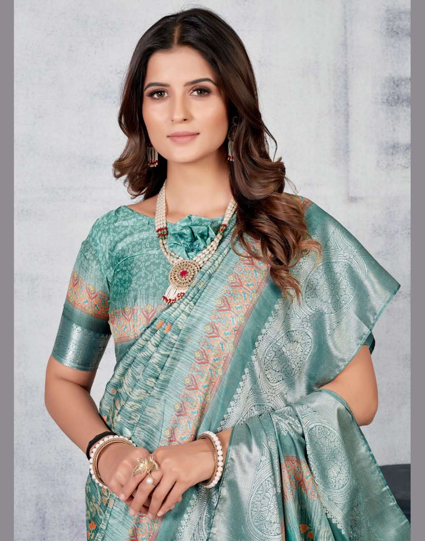 Light Green Silk Digital Printed Saree With Tassel | Leemboodi