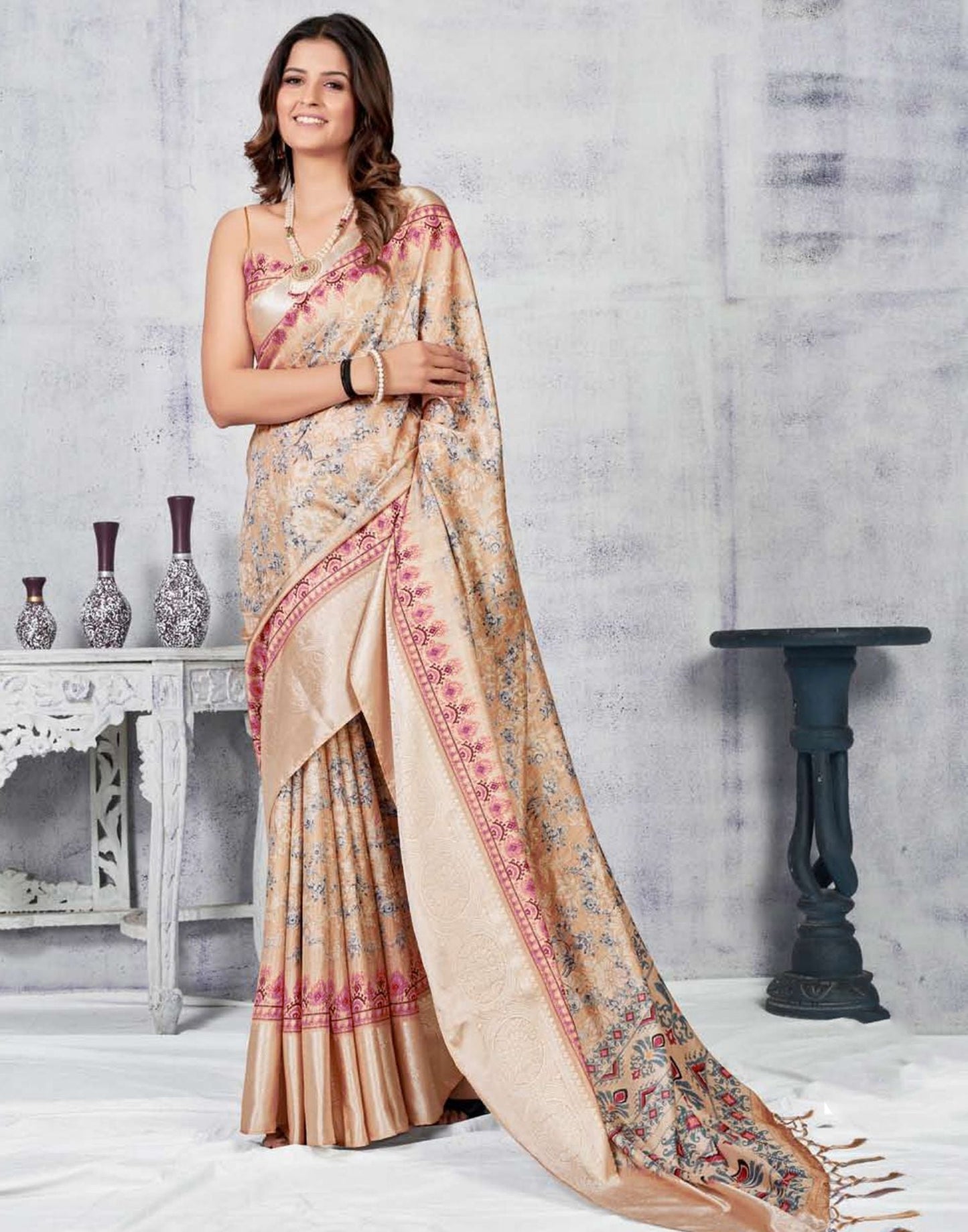 Light Brown Silk Digital Printed Saree With Tassel | Leemboodi
