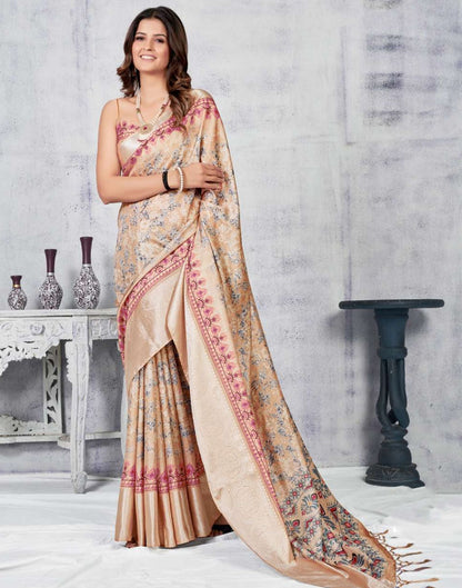 Light Brown Silk Digital Printed Saree With Tassel | Leemboodi