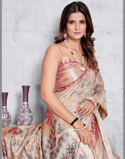 Light Brown Silk Digital Printed Saree With Tassel | Leemboodi