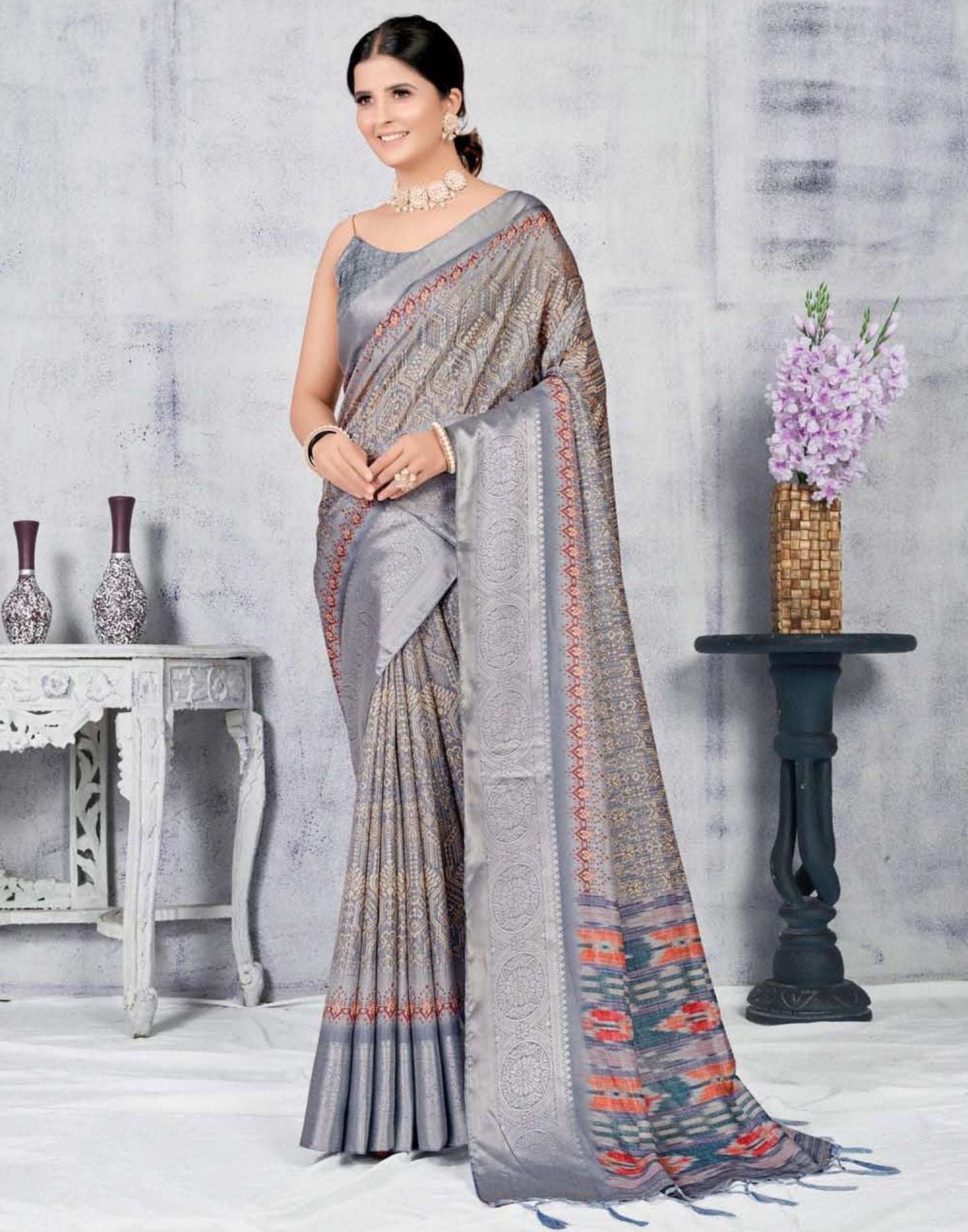 Grey Silk Digital Printed Saree With Tassel | Leemboodi