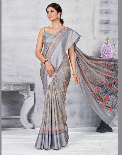 Grey Silk Digital Printed Saree With Tassel | Leemboodi