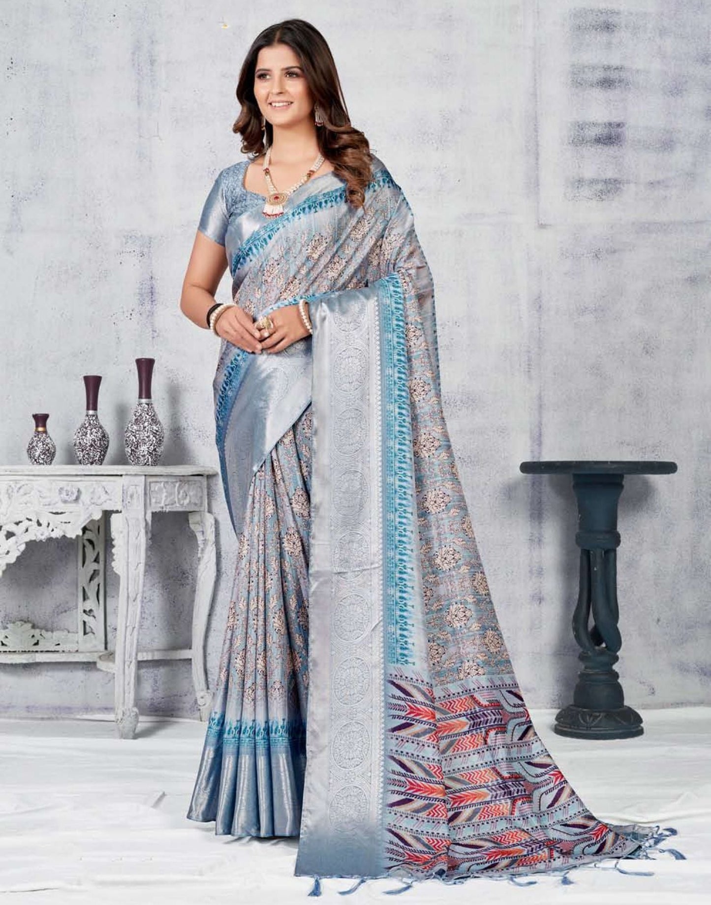 Grey Silk Digital Printed Saree With Tassel | Leemboodi