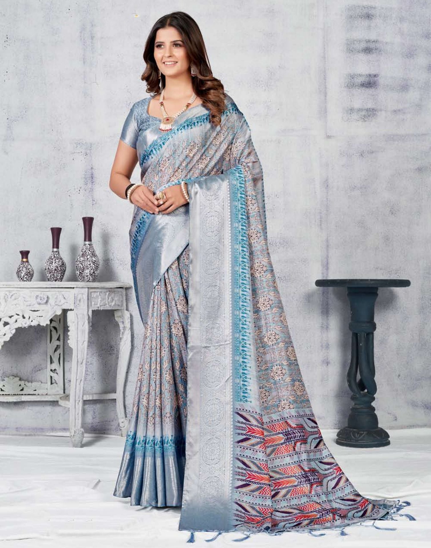 Grey Silk Digital Printed Saree With Tassel | Leemboodi