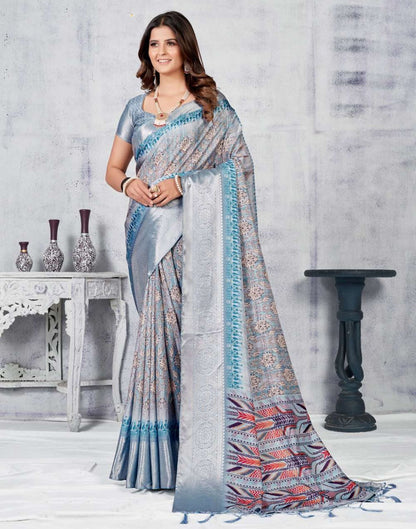 Grey Silk Digital Printed Saree With Tassel | Leemboodi