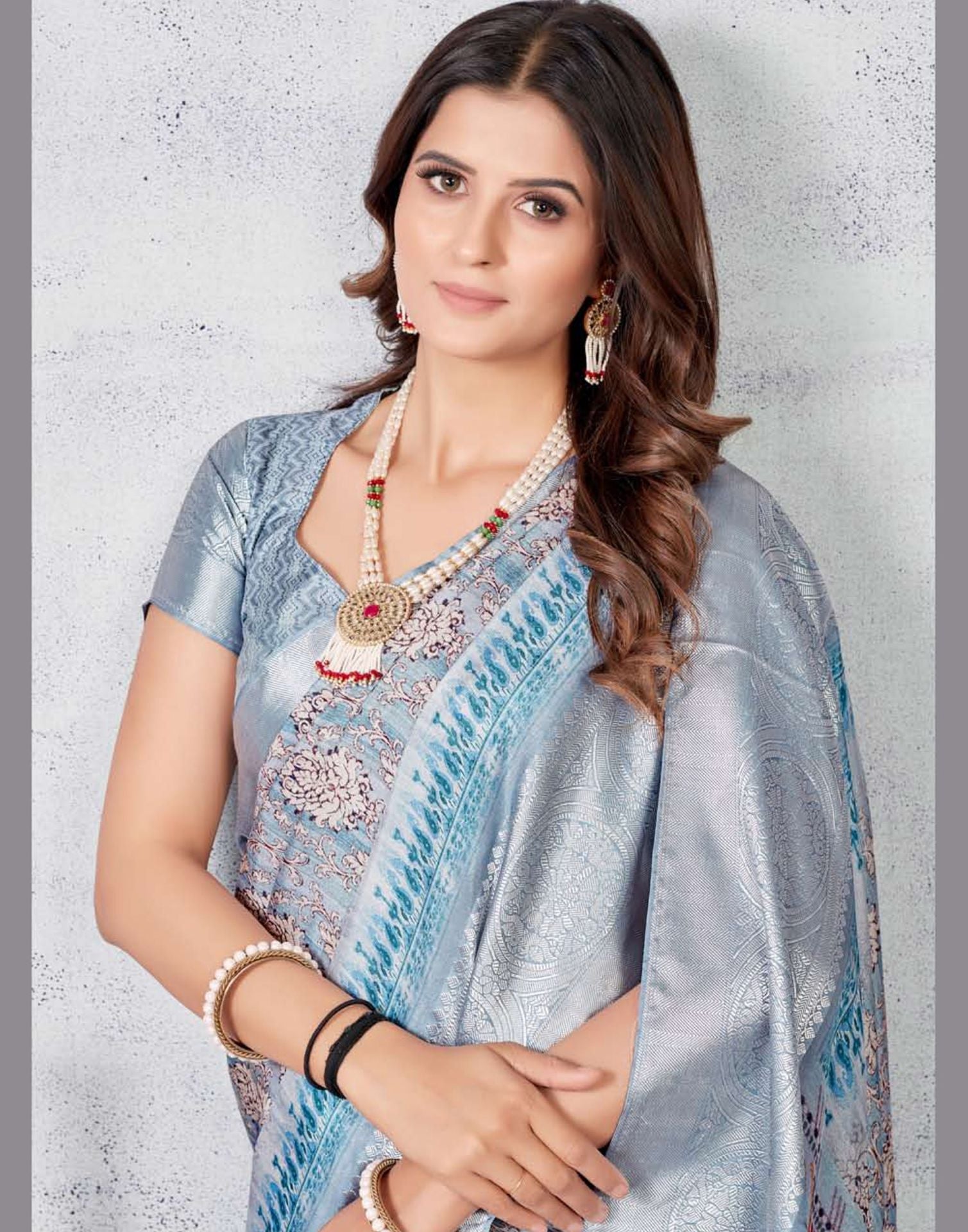 Grey Silk Digital Printed Saree With Tassel | Leemboodi