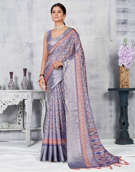 Light Purple Silk Floral Printed Saree With Tassel | Leemboodi