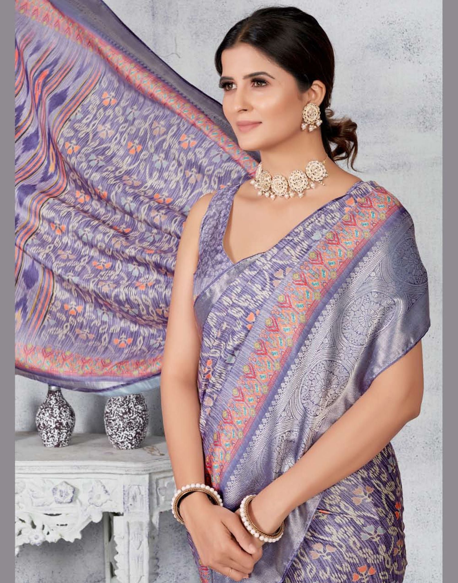 Light Purple Silk Floral Printed Saree With Tassel | Leemboodi