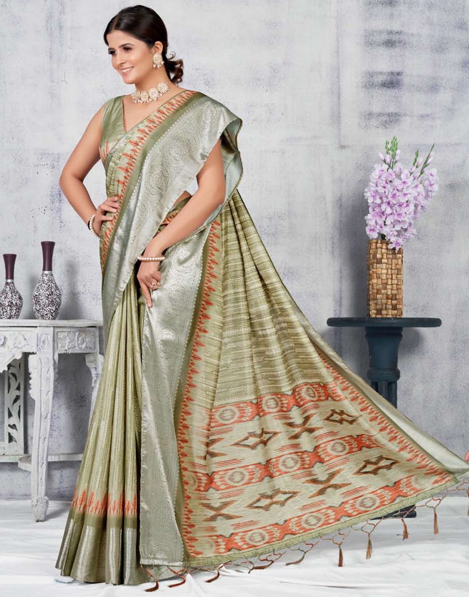 Olive Green Silk Digital Printed Saree With Tassel | Leemboodi