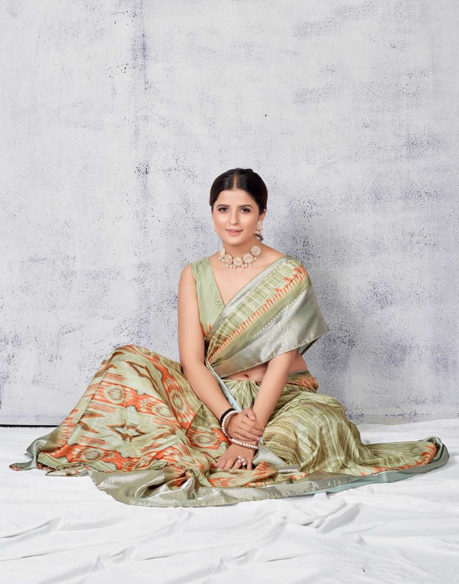Olive Green Silk Digital Printed Saree With Tassel | Leemboodi