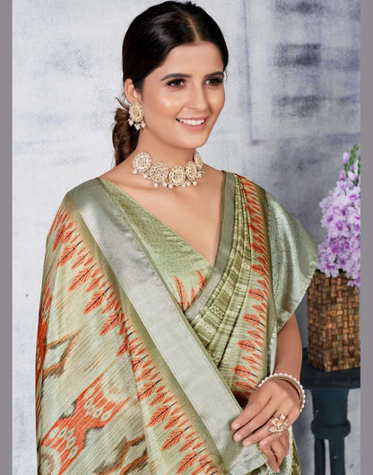 Olive Green Silk Digital Printed Saree With Tassel | Leemboodi