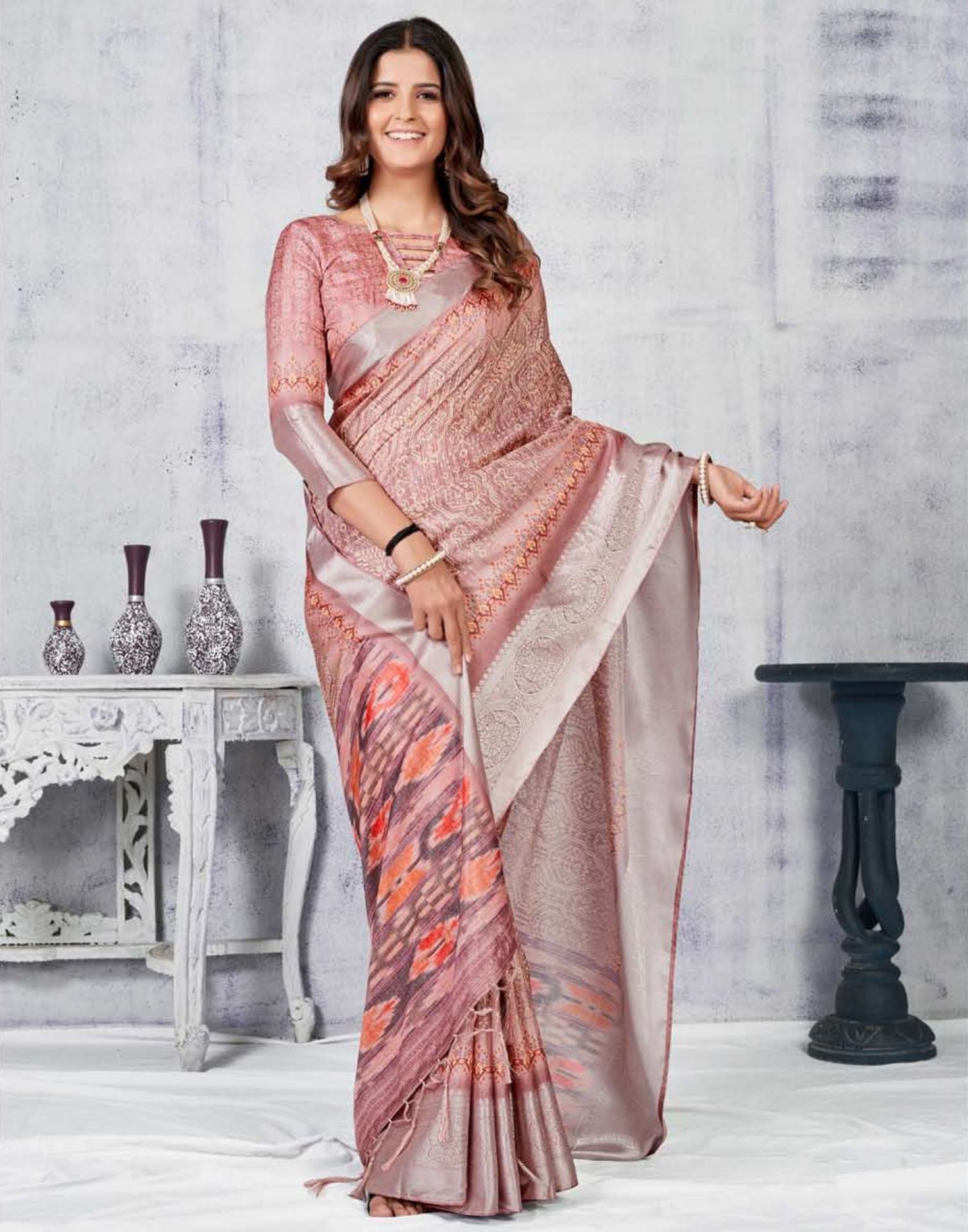 Light Pink Silk Digital Printed Saree With Tassel | Leemboodi