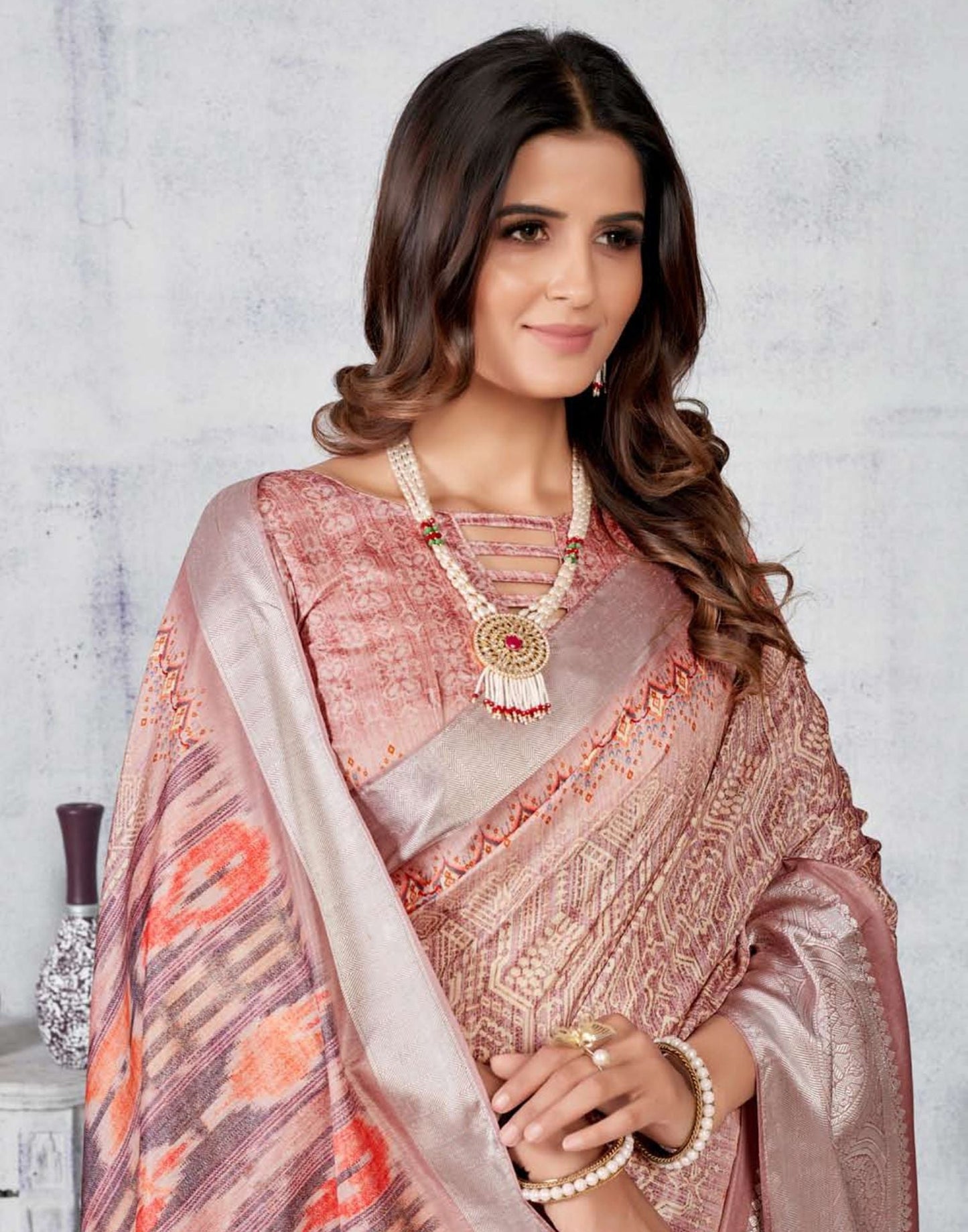 Light Pink Silk Digital Printed Saree With Tassel | Leemboodi