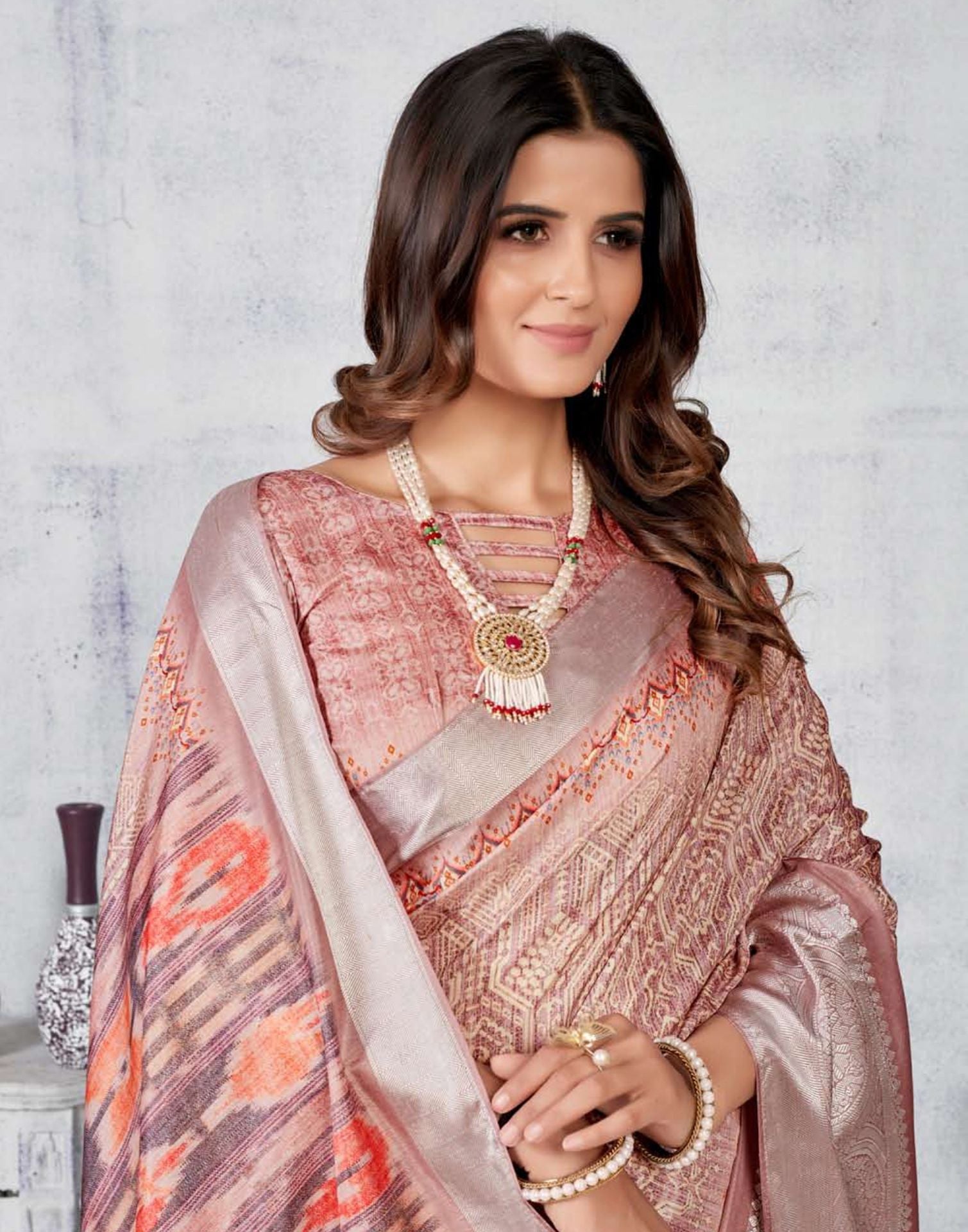 Light Pink Silk Digital Printed Saree With Tassel | Leemboodi