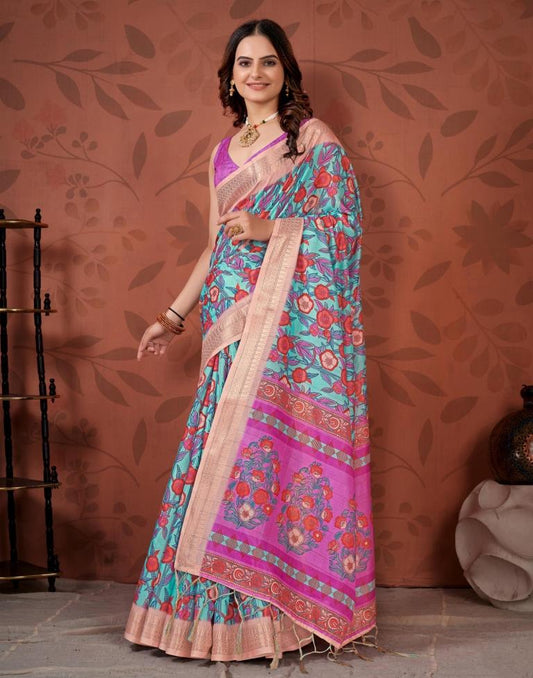 Light Blue Printed Cotton Saree