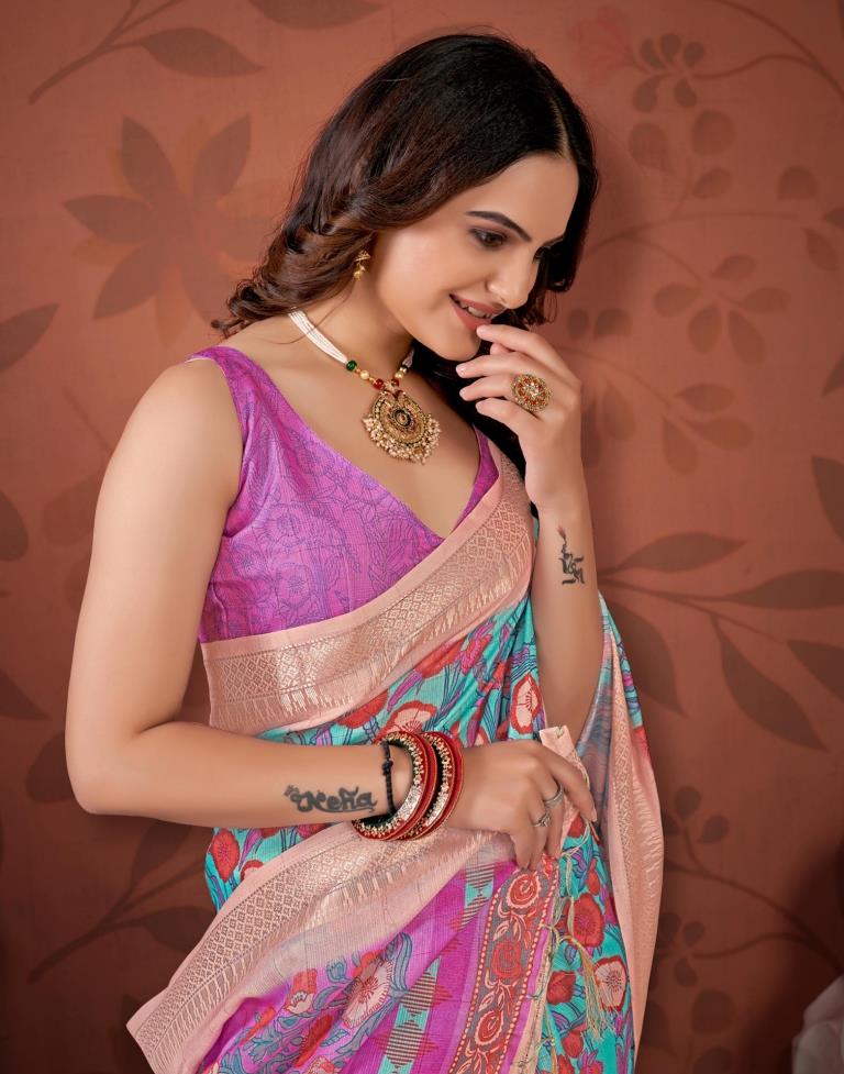 Light Blue Printed Cotton Saree