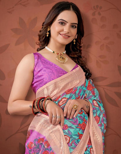 Light Blue Printed Cotton Saree