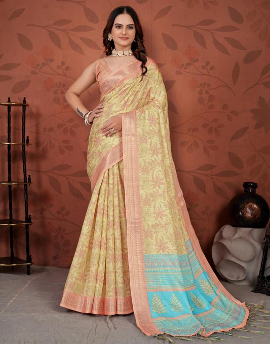 Yellow Printed Cotton Saree