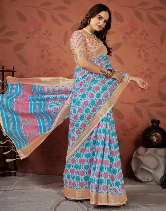 Multicoloured Printed Cotton Saree