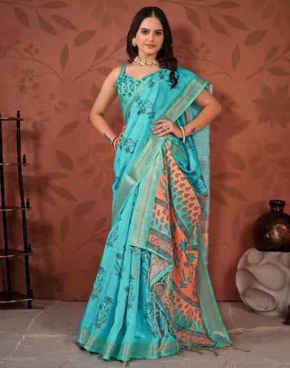 Sky Blue Printed Cotton Saree