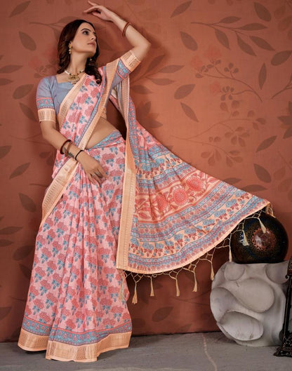 Light Pink Printed Cotton Saree