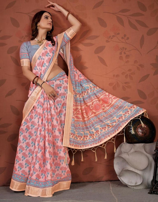Light Pink Printed Cotton Saree