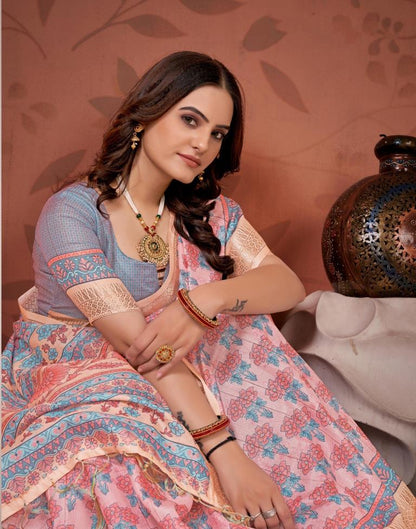 Light Pink Printed Cotton Saree