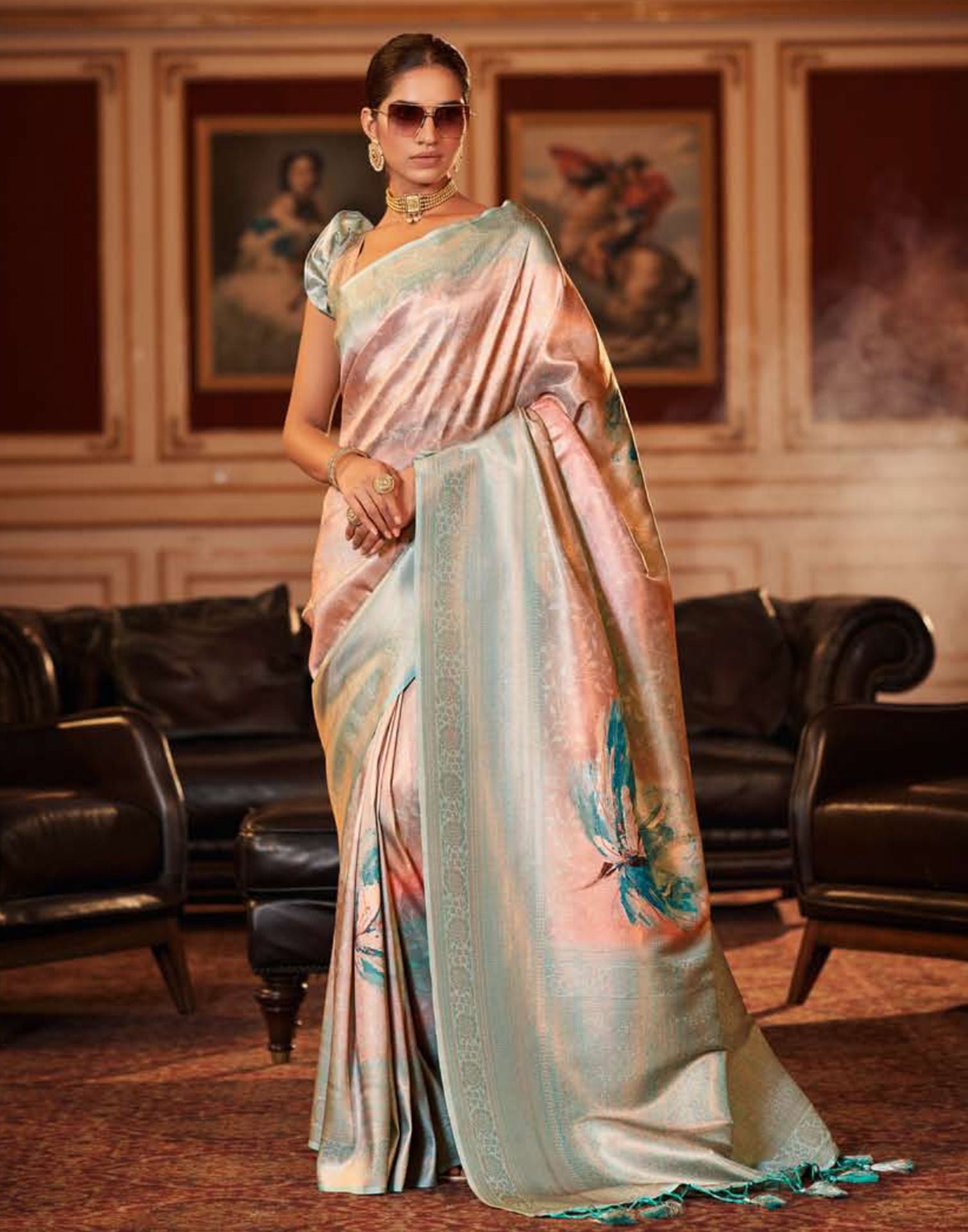 Peach Silk Digital Printed Saree With Tassel | Leemboodi