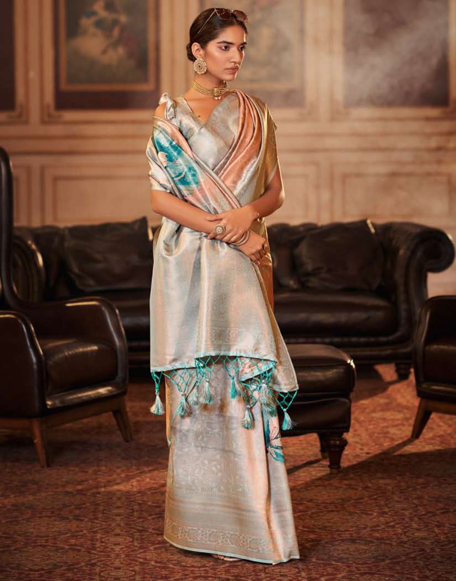 Peach Silk Digital Printed Saree With Tassel | Leemboodi