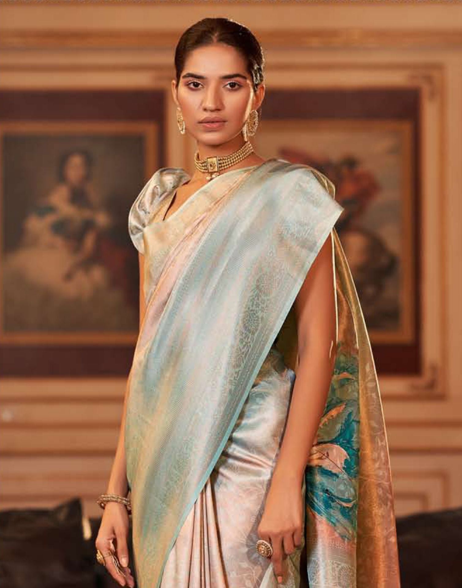 Peach Silk Digital Printed Saree With Tassel | Leemboodi