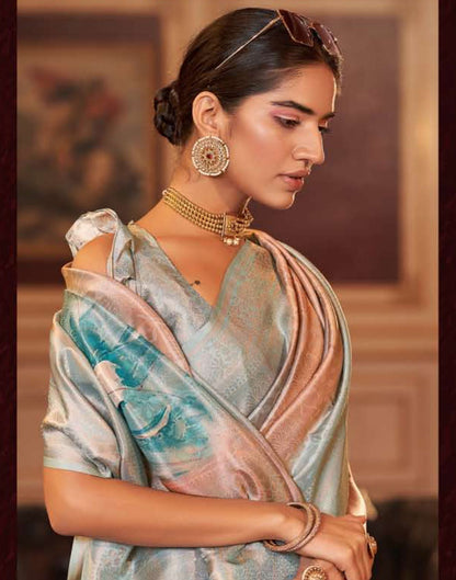 Peach Silk Digital Printed Saree With Tassel | Leemboodi