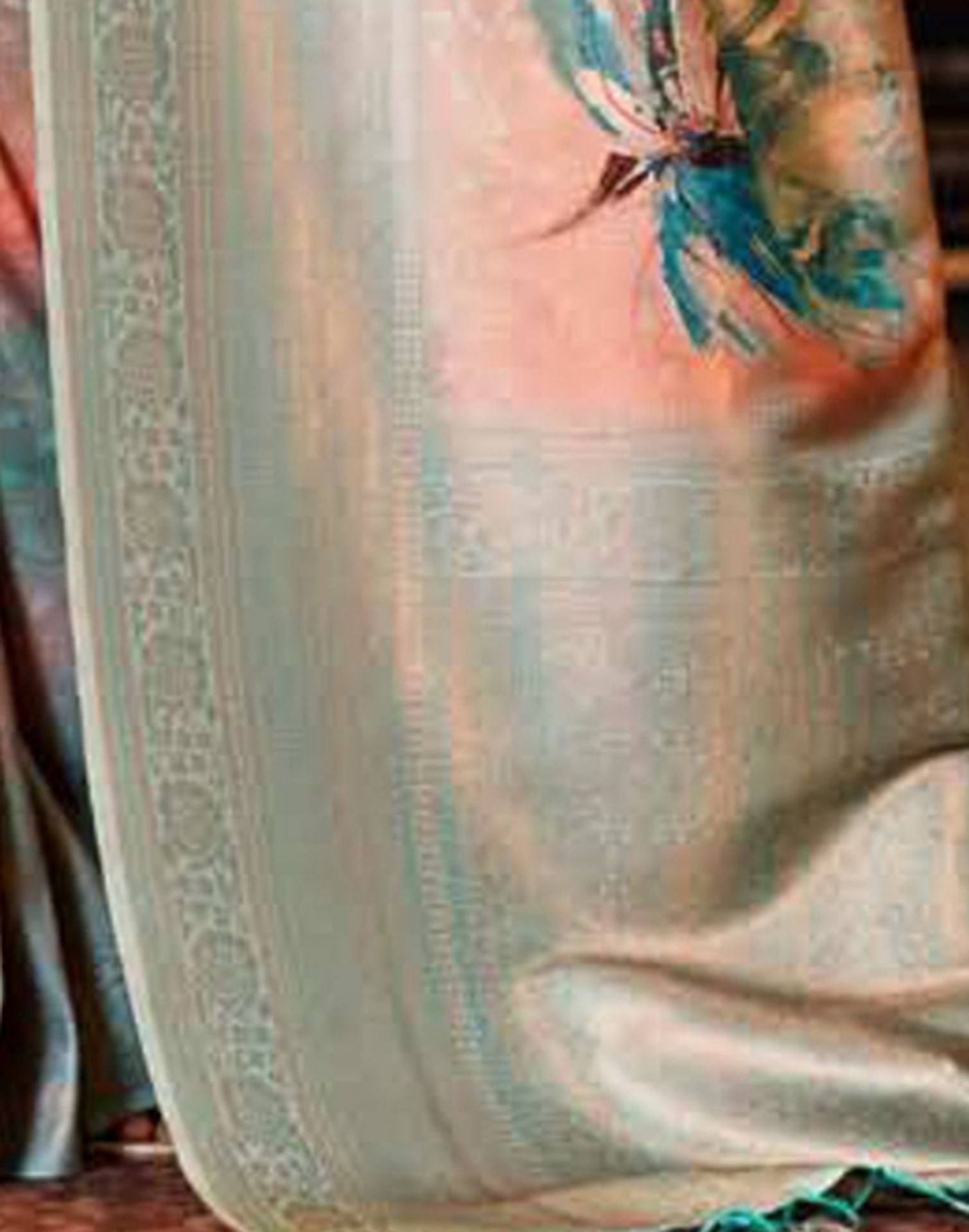 Peach Silk Digital Printed Saree With Tassel | Leemboodi