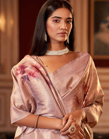 Light Brown Silk Digital Printed Saree With Tassel | Leemboodi