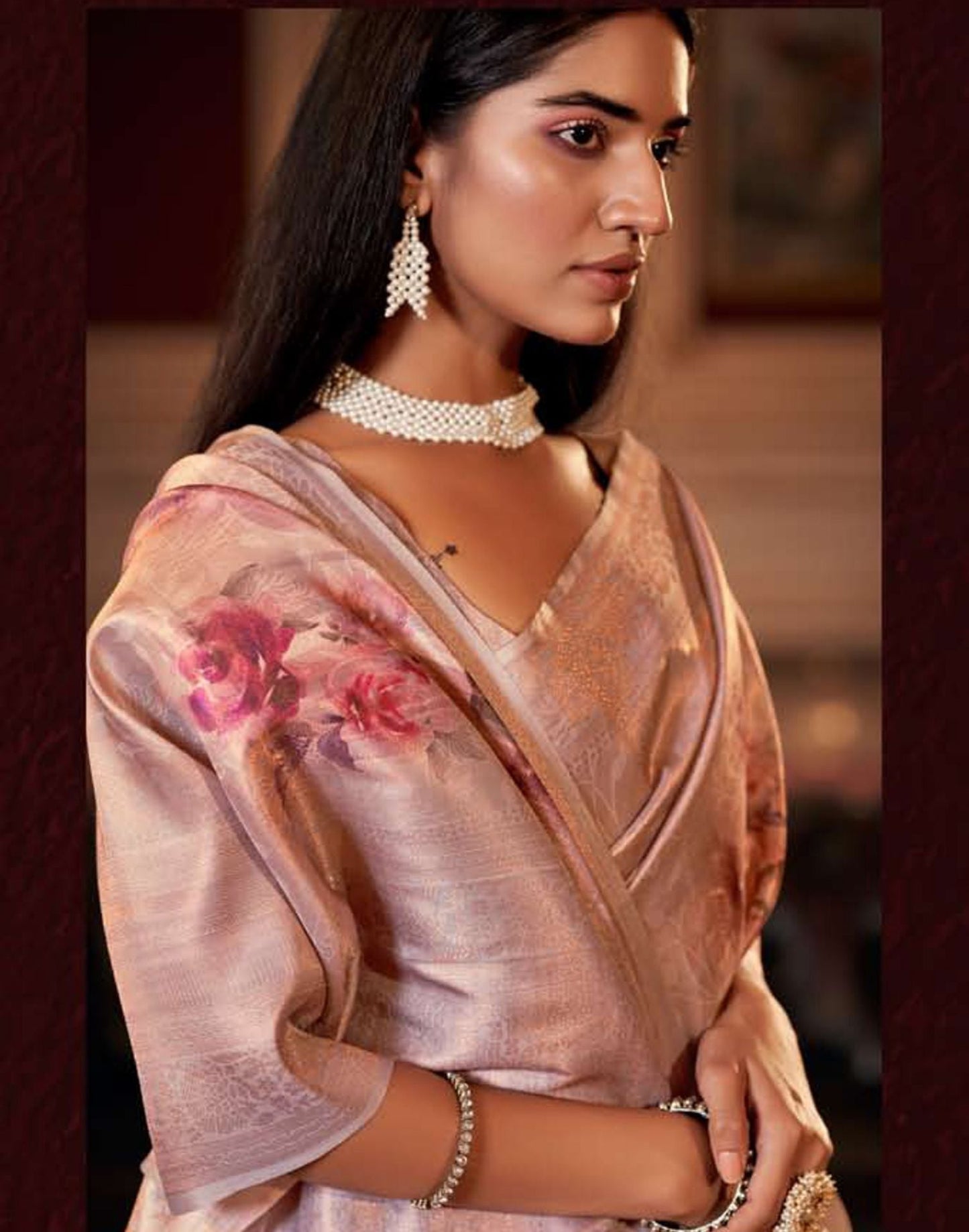 Light Brown Silk Digital Printed Saree With Tassel | Leemboodi