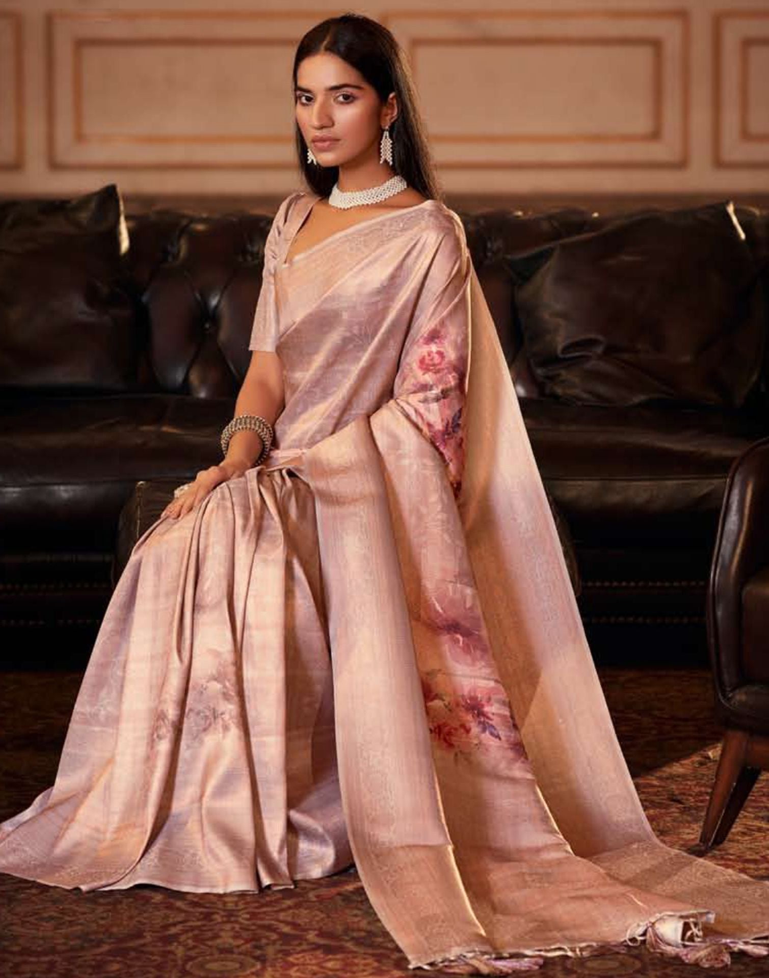 Light Brown Silk Digital Printed Saree With Tassel | Leemboodi