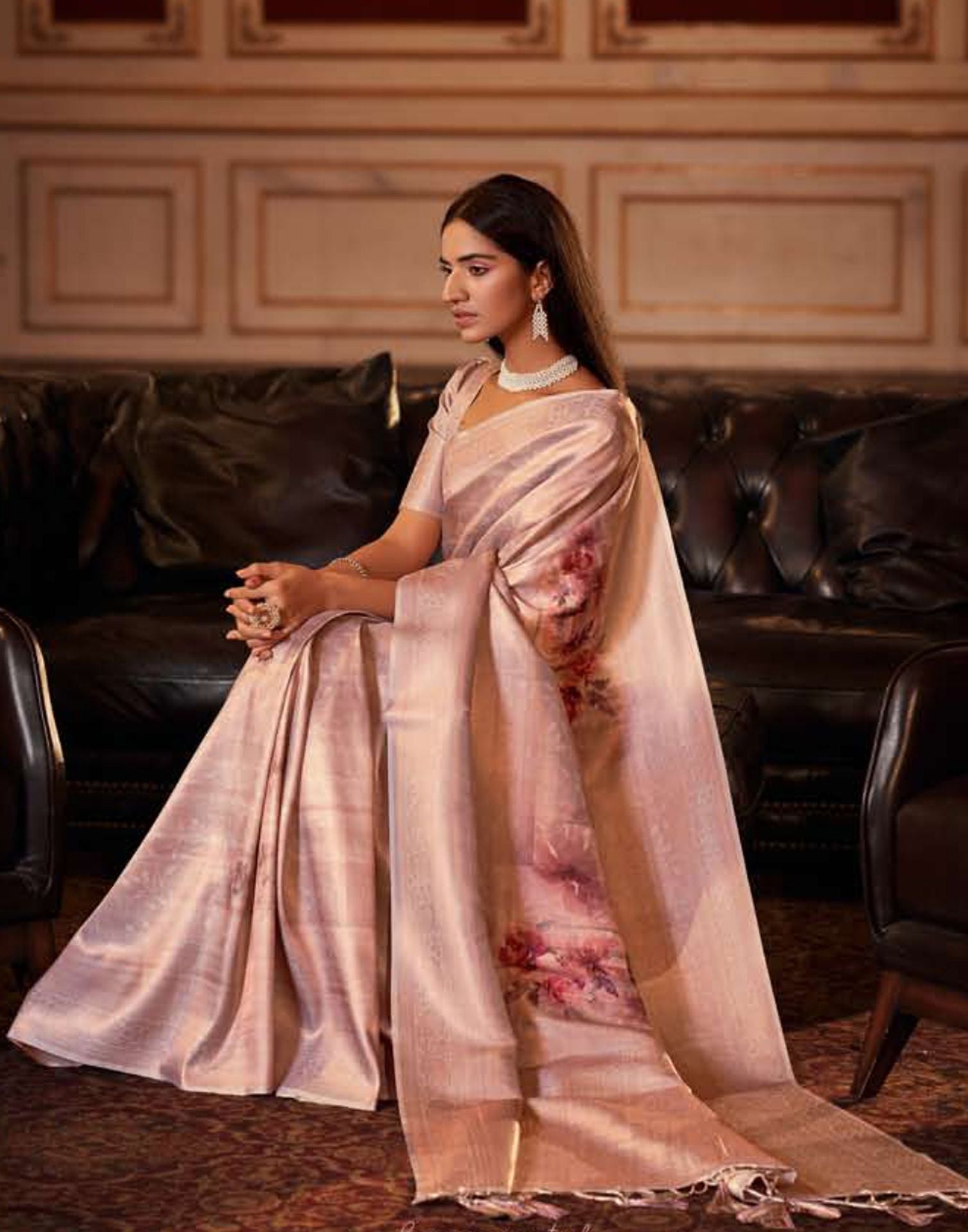 Light Brown Silk Digital Printed Saree With Tassel | Leemboodi