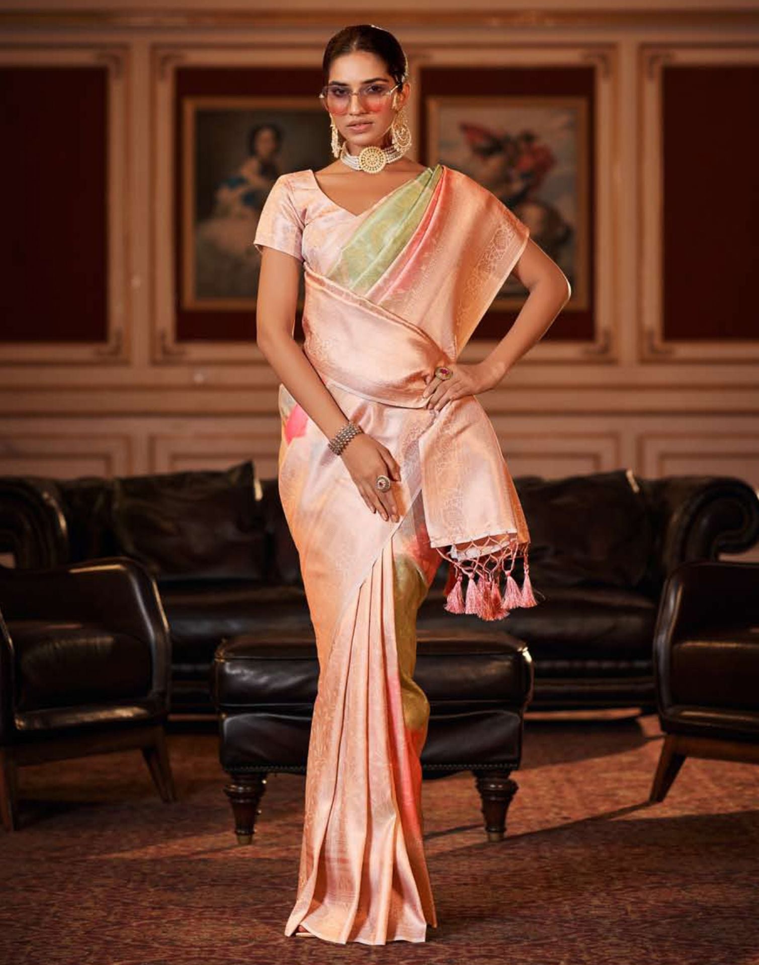 Light Pink Silk Digital Printed Saree With Tassel | Leemboodi