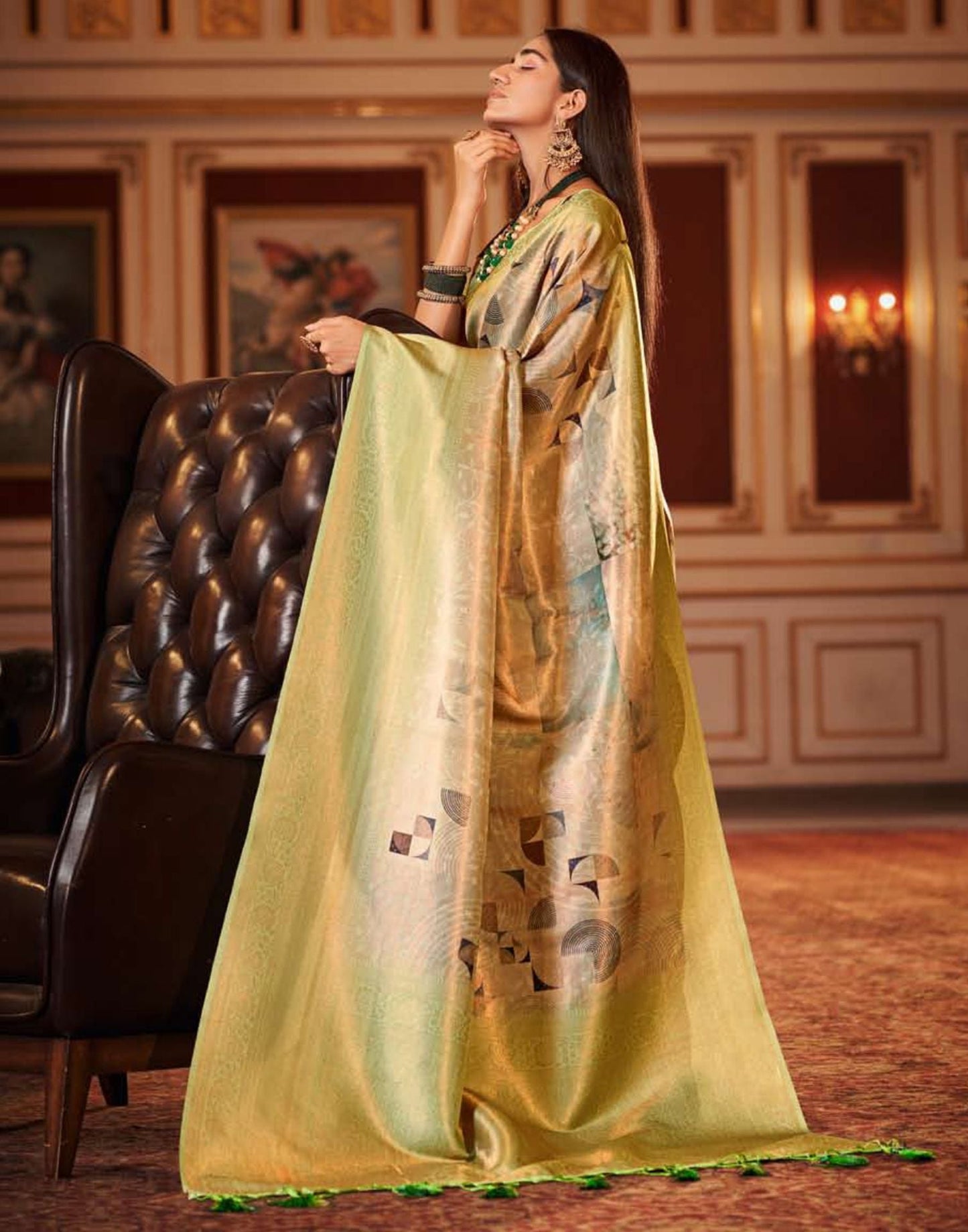 Green Silk Digital Printed Saree With Tassel | Leemboodi