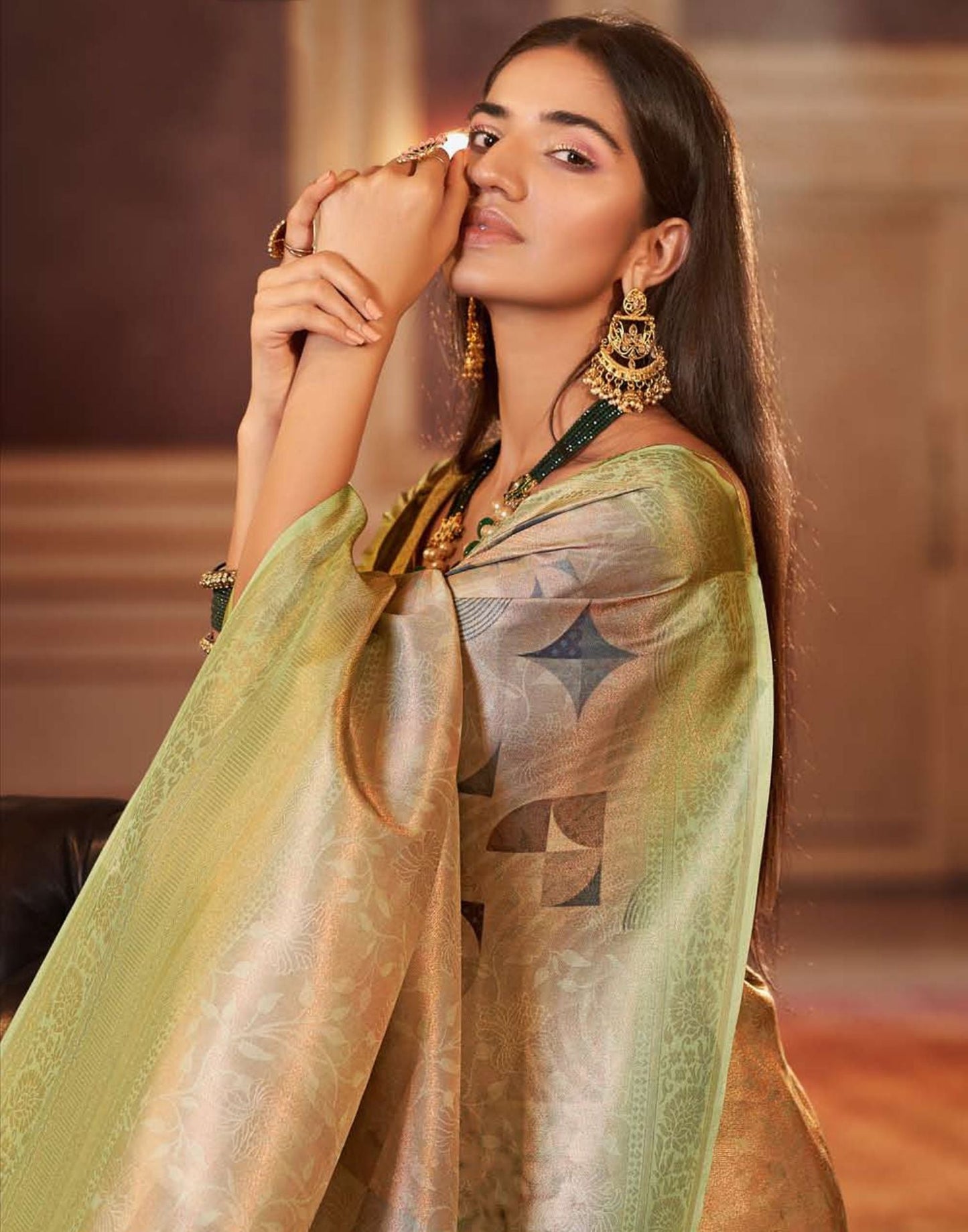 Green Silk Digital Printed Saree With Tassel | Leemboodi