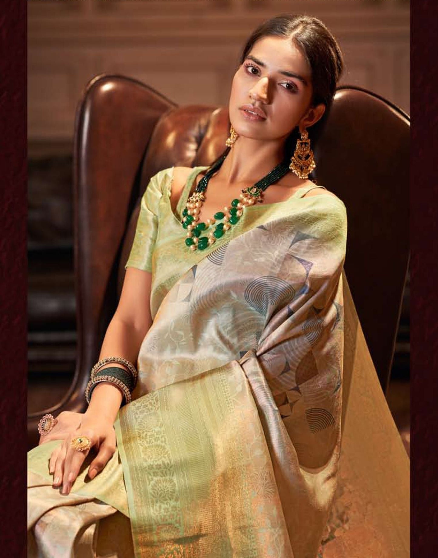 Green Silk Digital Printed Saree With Tassel | Leemboodi