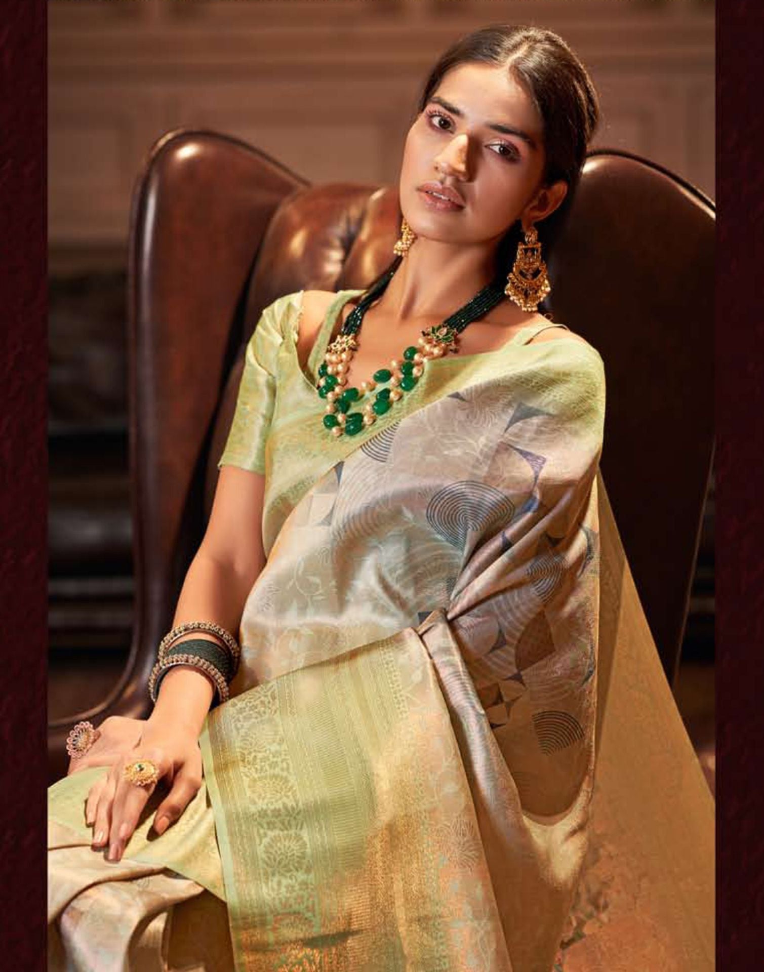 Green Silk Digital Printed Saree With Tassel | Leemboodi