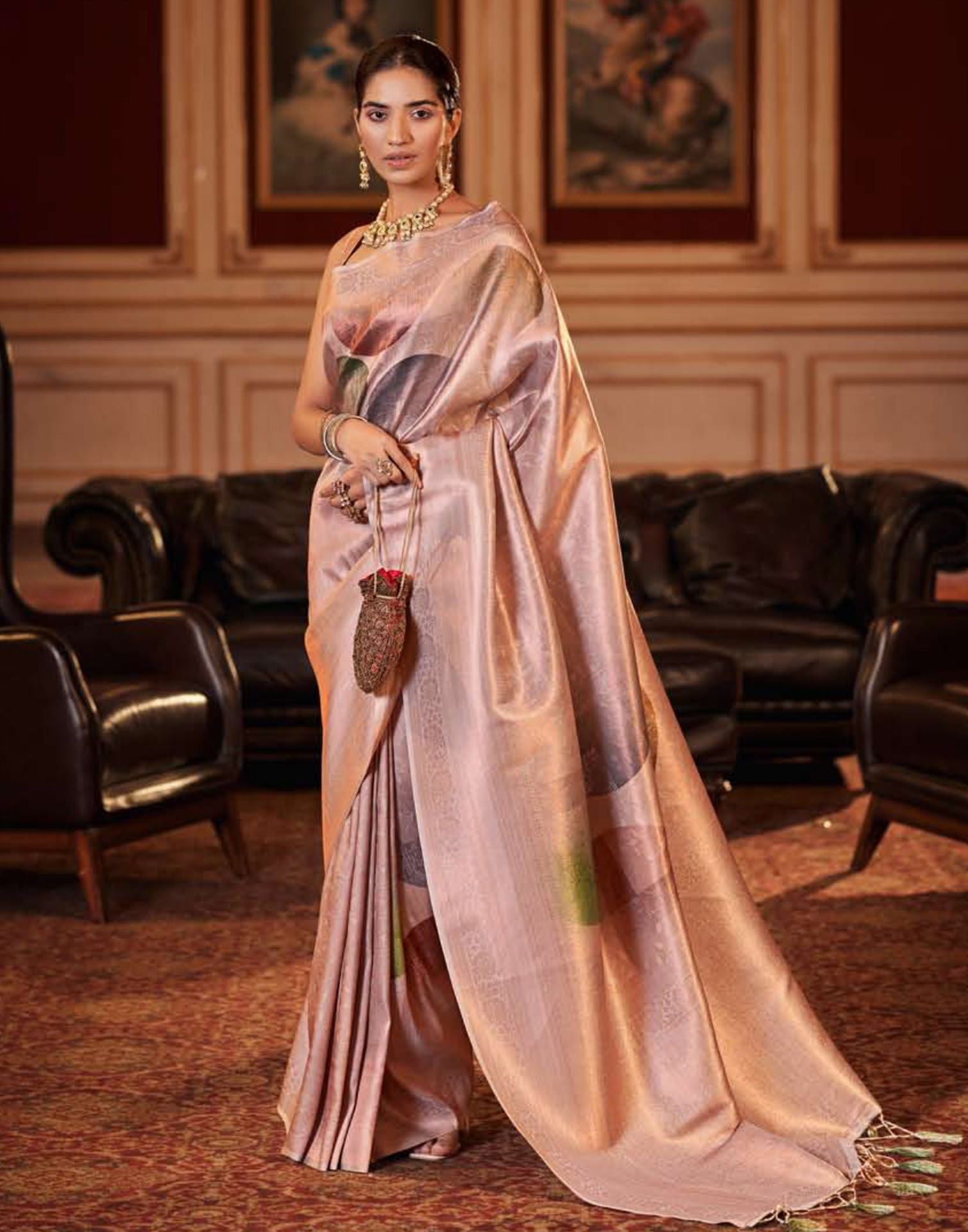 Dusy Pink Silk Digital Printed Saree With Tassel | Leemboodi