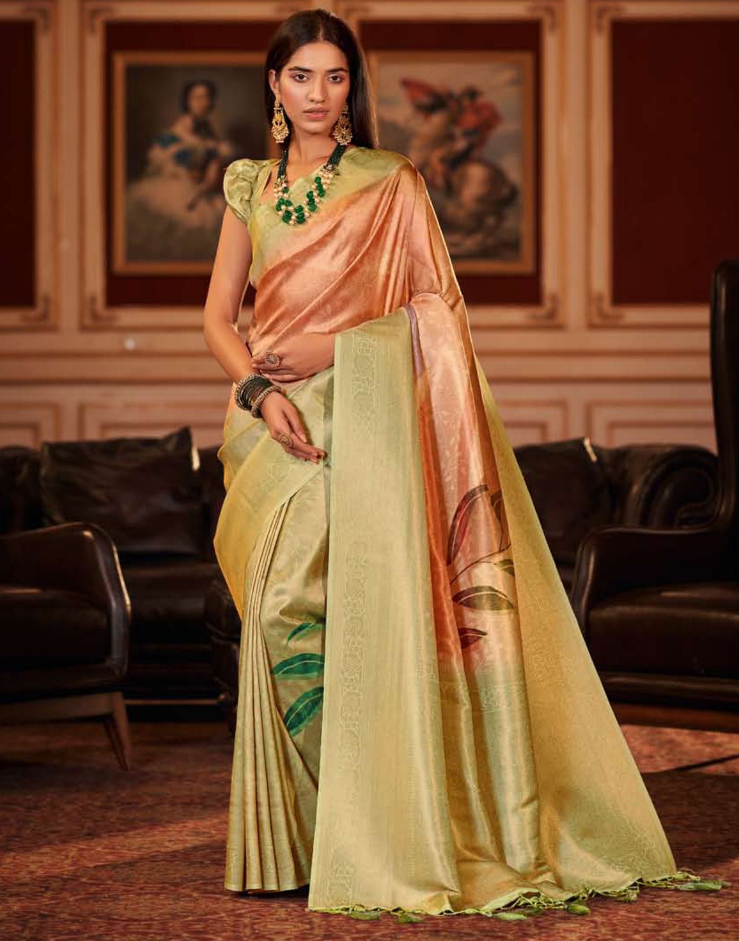 Pista Green Silk Digital Printed Saree With Tassel | Leemboodi