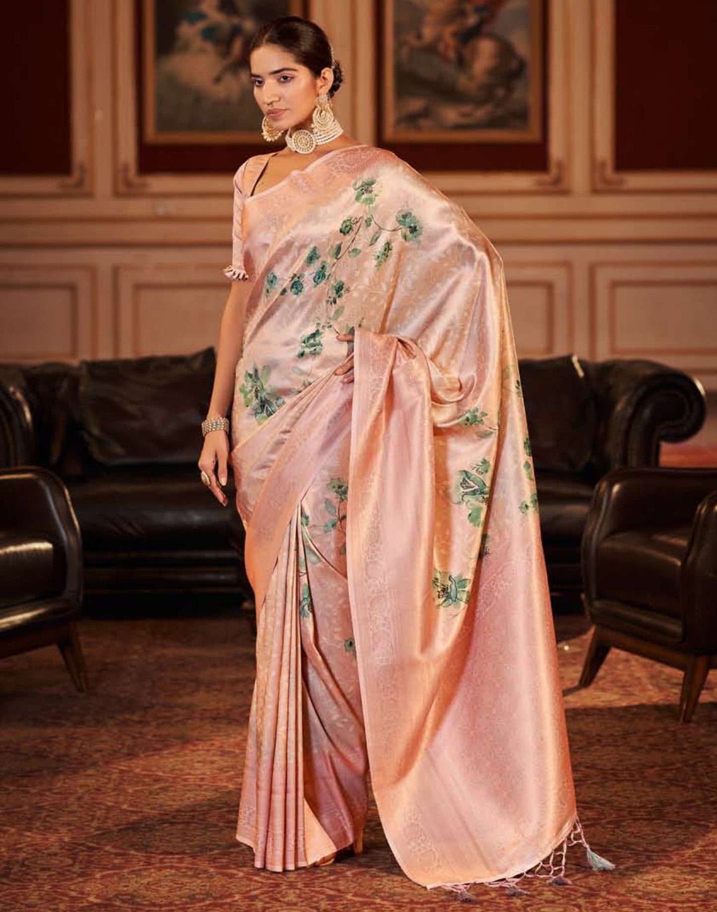 Pink Silk Digital Printed Saree With Tassel | Leemboodi